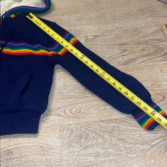 Vintage 60s 70s Navy blue Rainbow Hooded Sherpa lined Jacket Coat - Picture 7 of 8